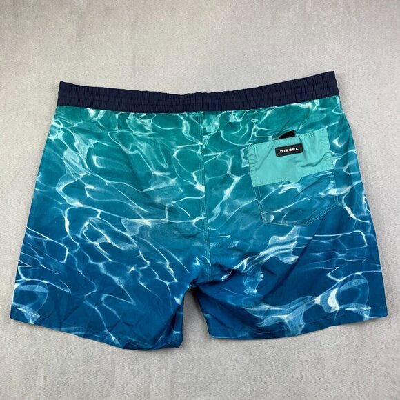 Diesel Mens Swim Trunks Large Blue Water Waves Shorts 5.5" Mesh Lined Above Knee - Picture 7 of 8